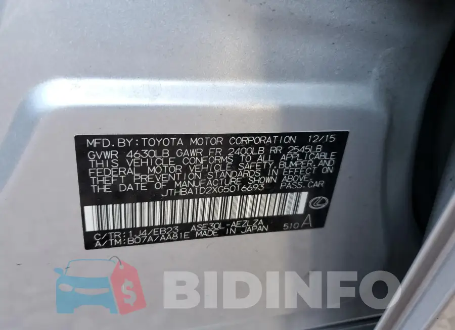JTHBA1D2XG5016693 Photo# 12