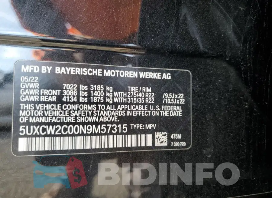 5UXCW2C00N9M57315 Photo# 13