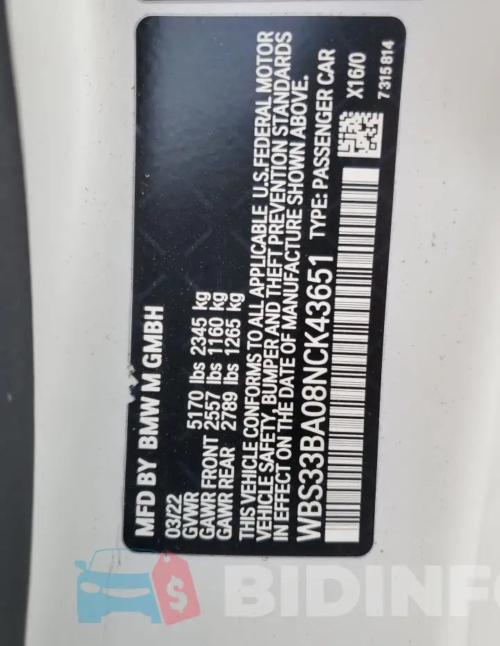 WBS33BA08NCK43651 Photo# 12
