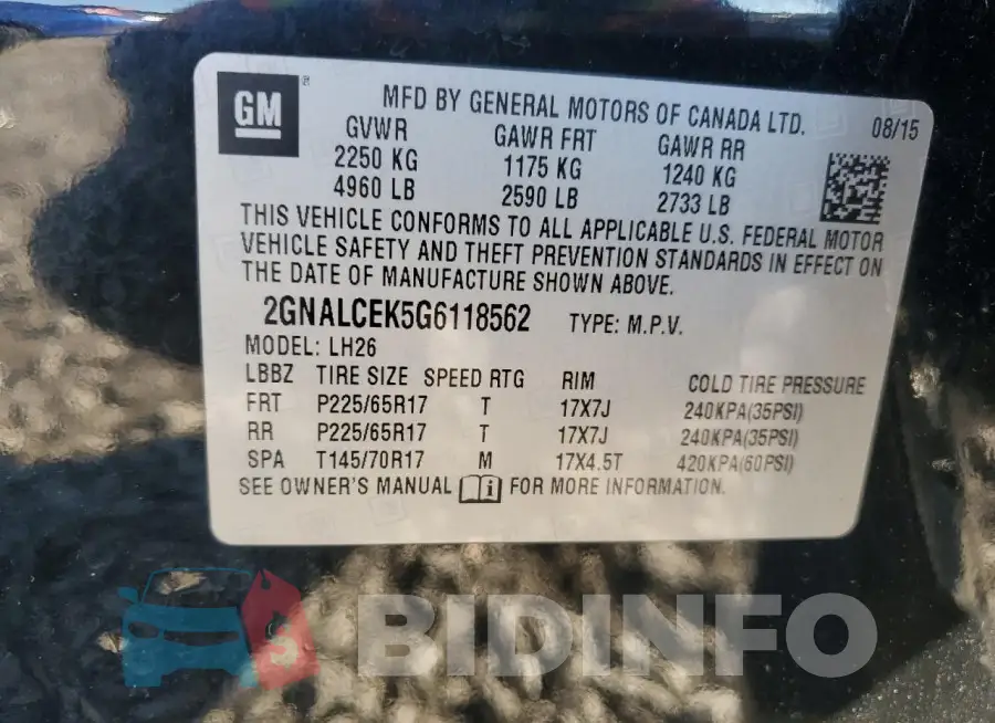 2GNALCEK5G6118562 Photo# 12