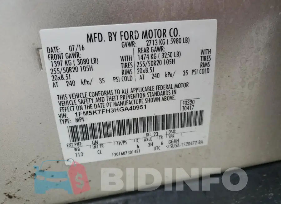 1FM5K7FH3HGA40951 Photo# 14