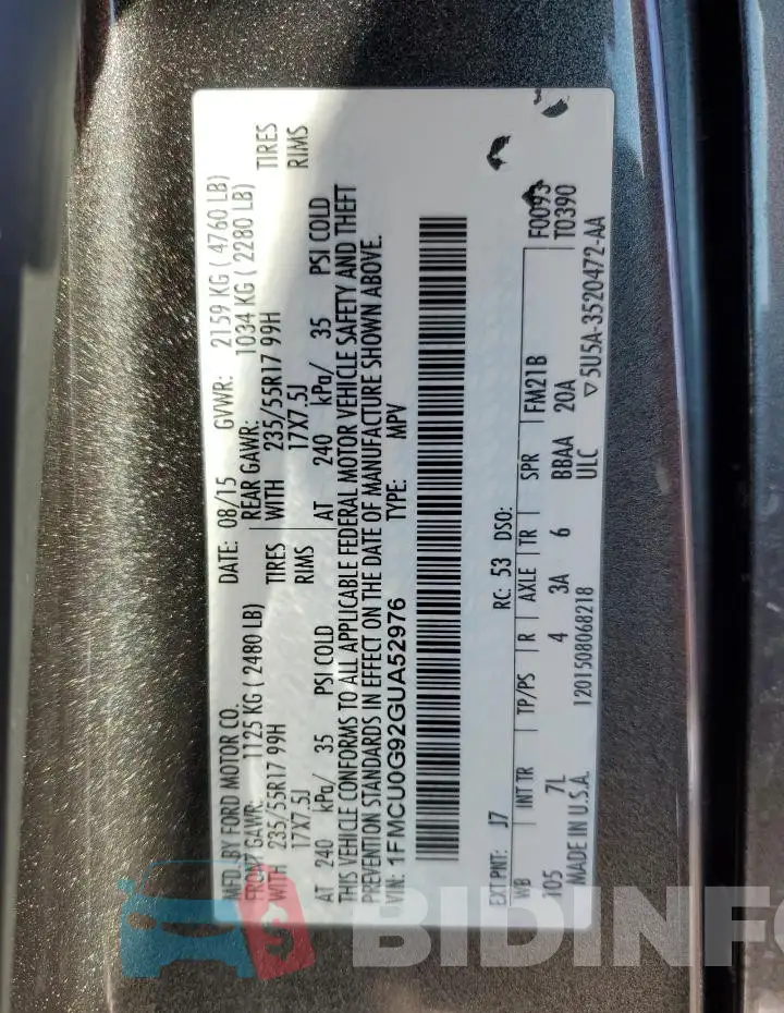 1FMCU0G92GUA52976 Photo# 13
