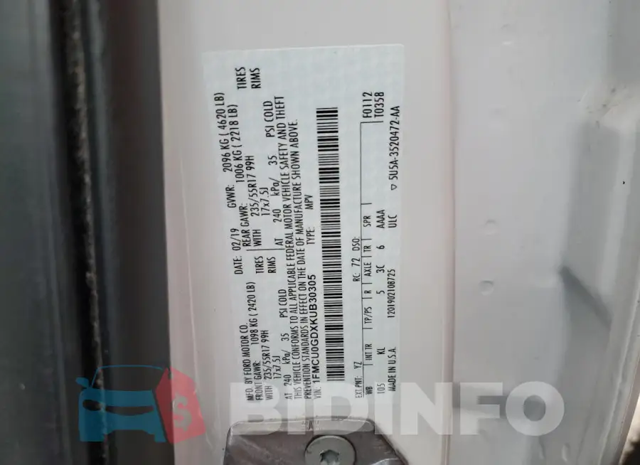 1FMCU0GDXKUB30305 Photo# 14