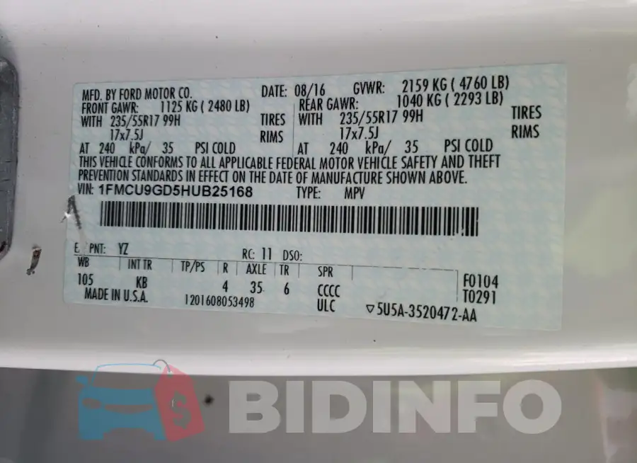 1FMCU9GD5HUB25168 Photo# 13