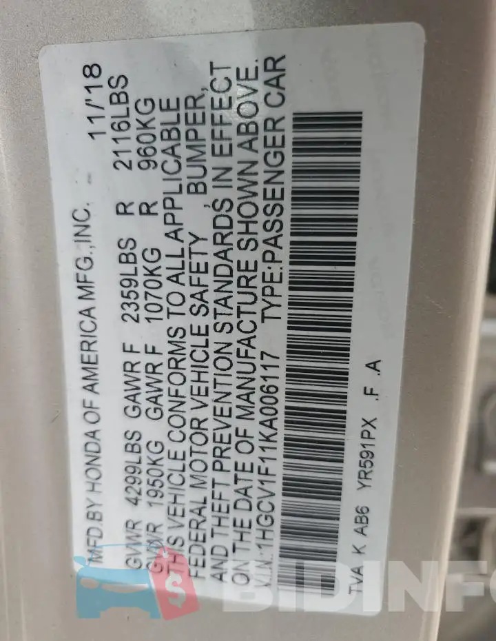 1HGCV1F11KA006117 Photo# 12