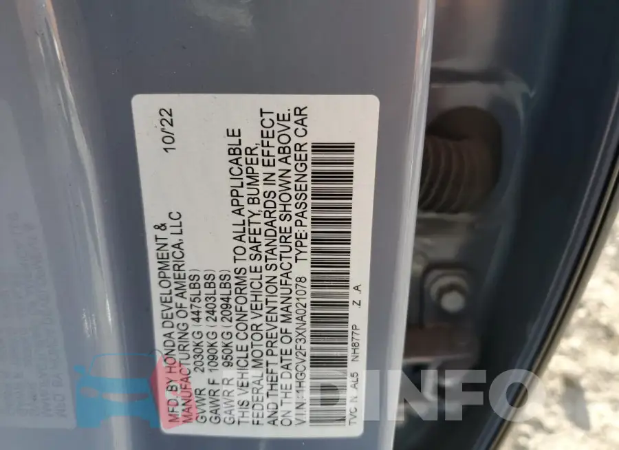 1HGCV2F3XNA021078 Photo# 12