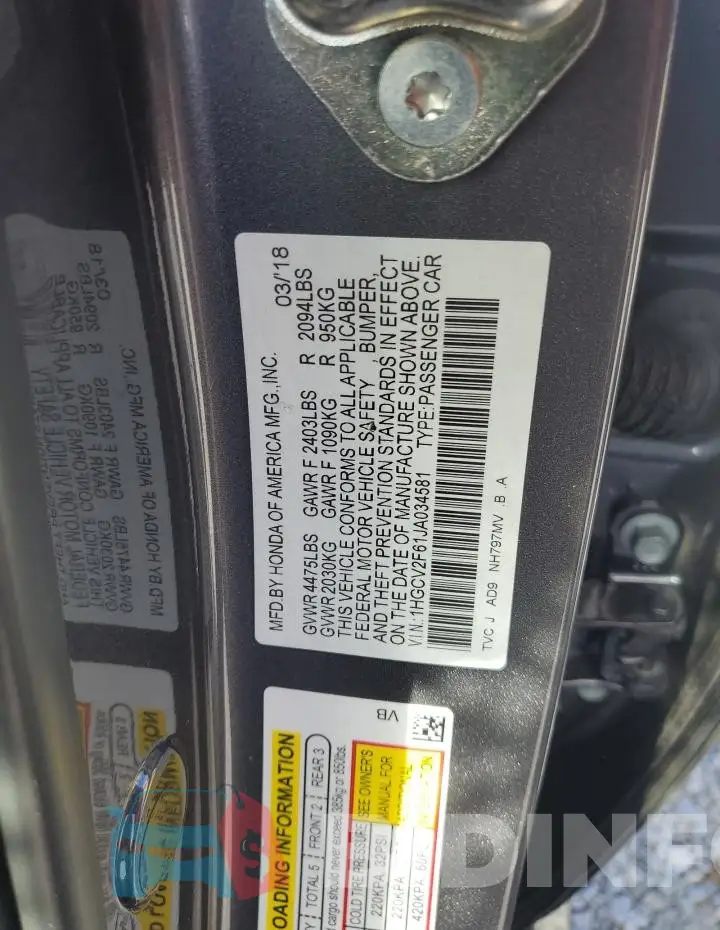 1HGCV2F61JA034581 Photo# 12