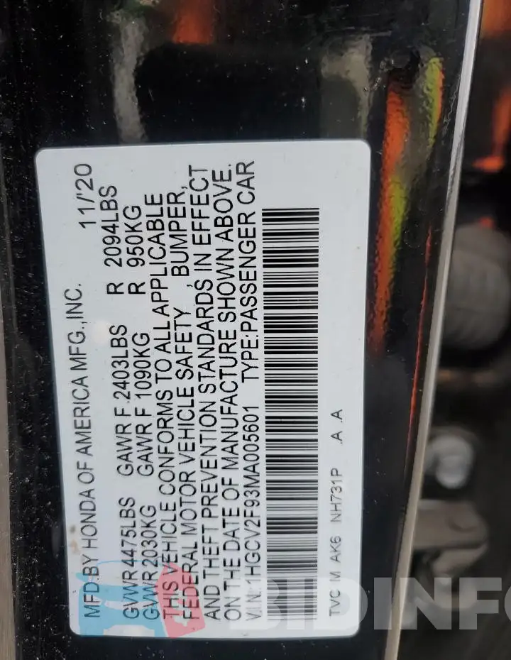 1HGCV2F93MA005601 Photo# 12
