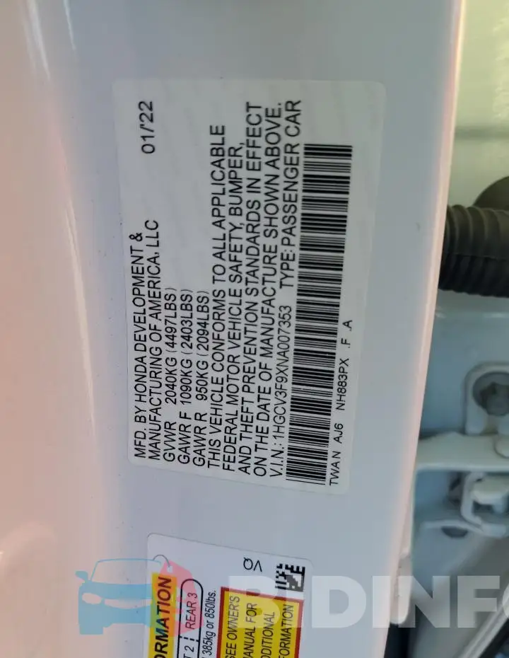 1HGCV3F9XNA007353 Photo# 12