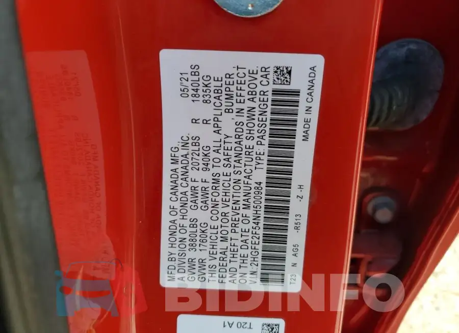 2HGFE2F54NH500984 Photo# 13