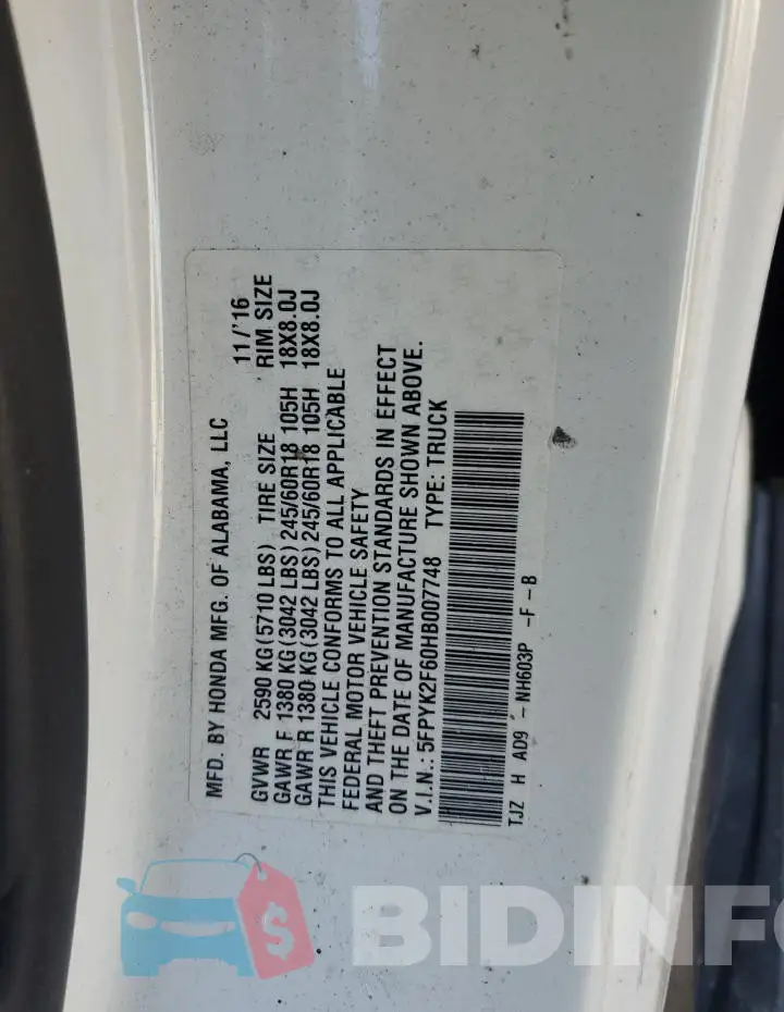 5FPYK2F60HB007748 Photo# 12