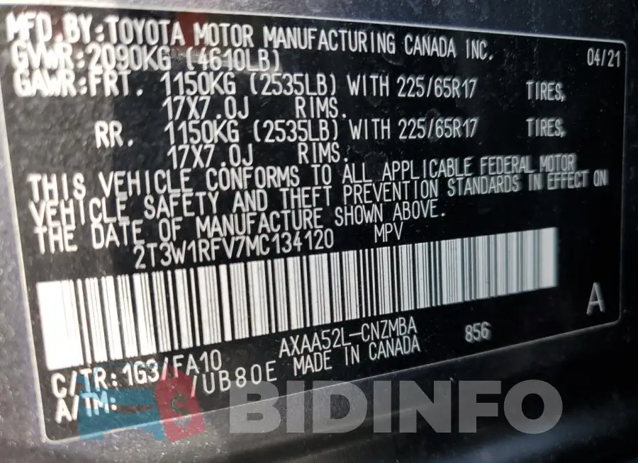 2T3W1RFV7MC134120 Photo# 14