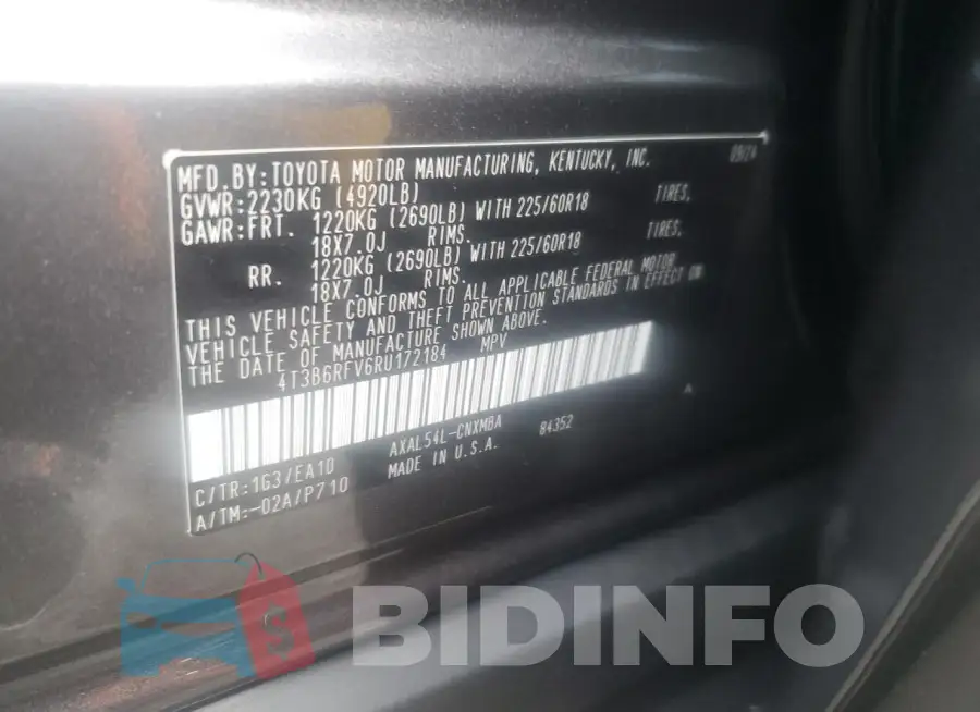 4T3B6RFV6RU172184 Photo# 13
