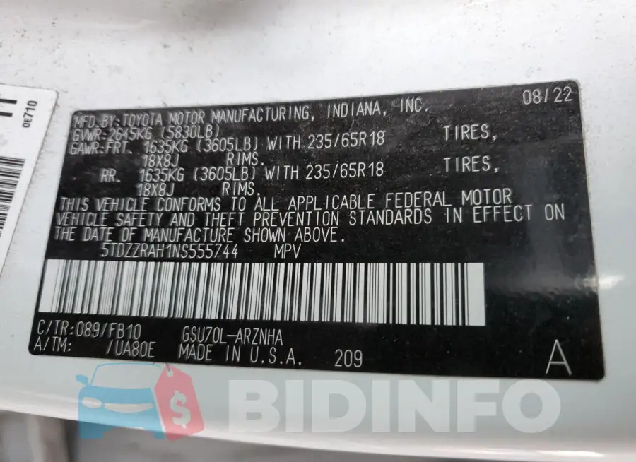 5TDZZRAH1NS555744 Photo# 13