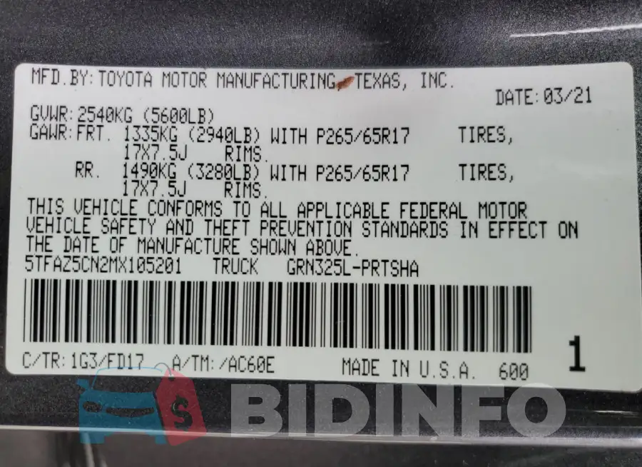 5TFAZ5CN2MX105201 Photo# 13