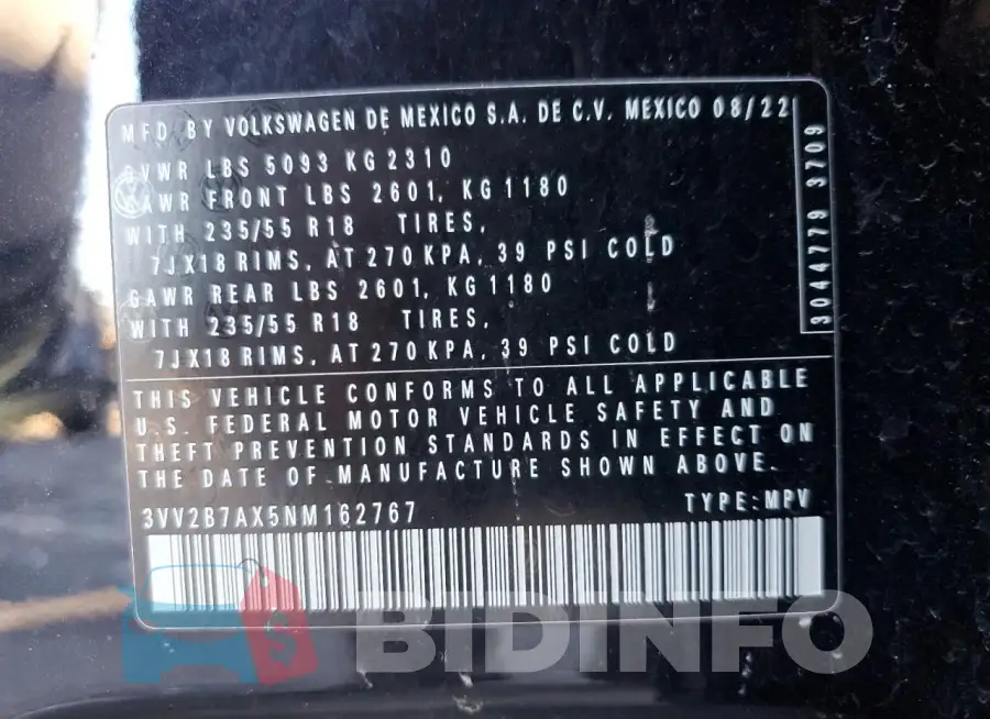 3VV2B7AX5NM162767 Photo# 13