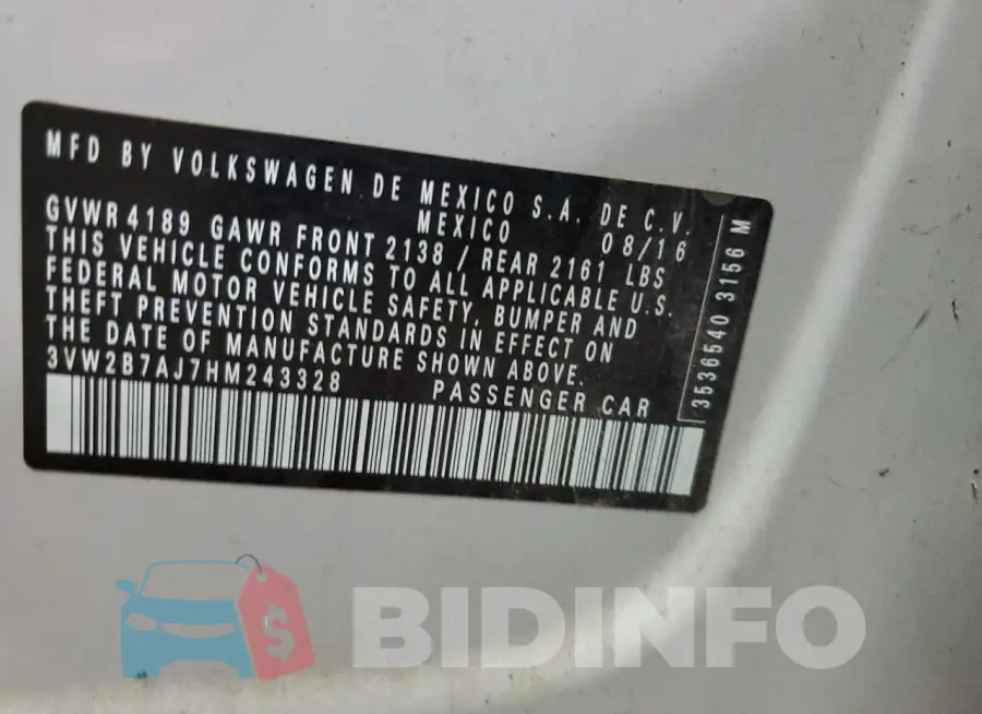 3VW2B7AJ7HM243328 Photo# 12