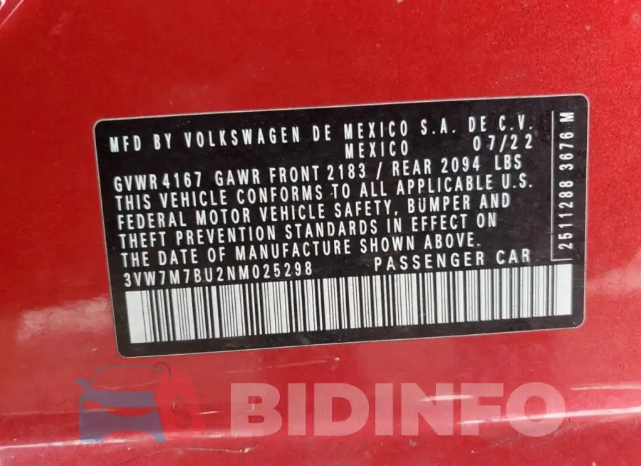 3VW7M7BU2NM025298 Photo# 12