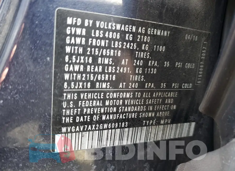 WVGAV7AX2GW609183 Photo# 13