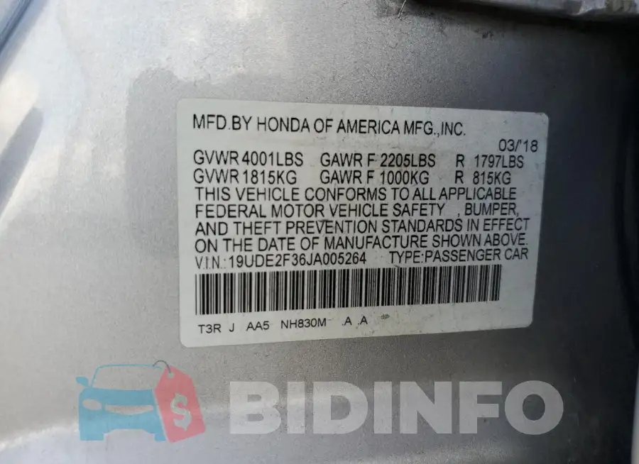 19UDE2F36JA005264 Photo# 12