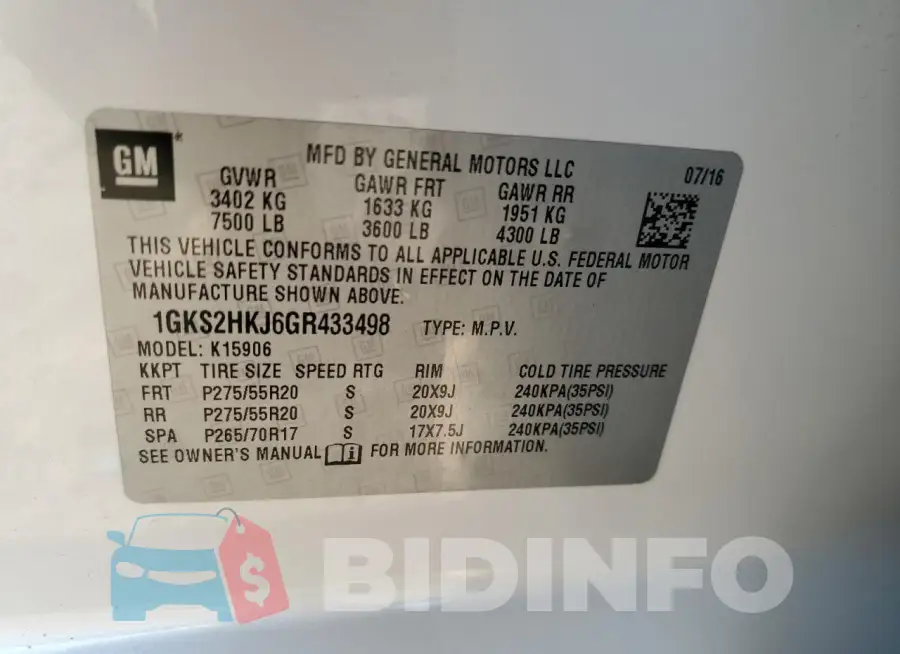 1GKS2HKJ6GR433498 Photo# 13