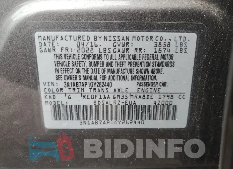3N1AB7AP1GY262440 Photo# 13