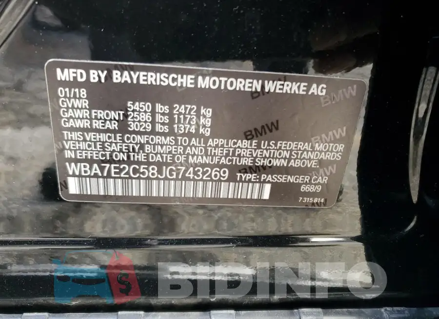 WBA7E2C58JG743269 Photo# 12