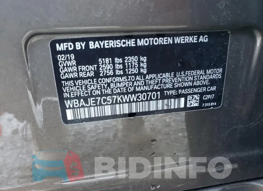 WBAJE7C57KWW30701 Photo# 12