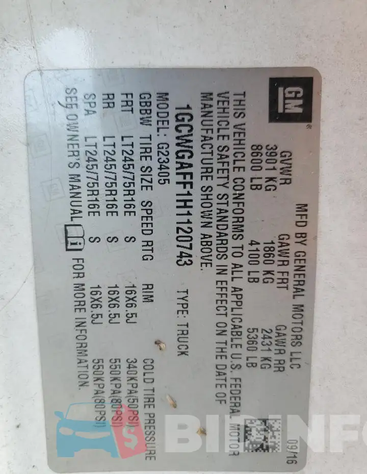 1GCWGAFF1H1120743 Photo# 13
