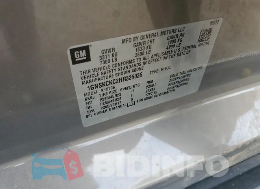 1GNSKCKC2HR326036 Photo# 13