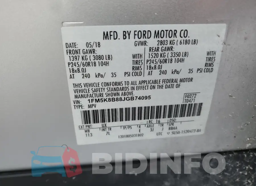 1FM5K8B88JGB74095 Photo# 13