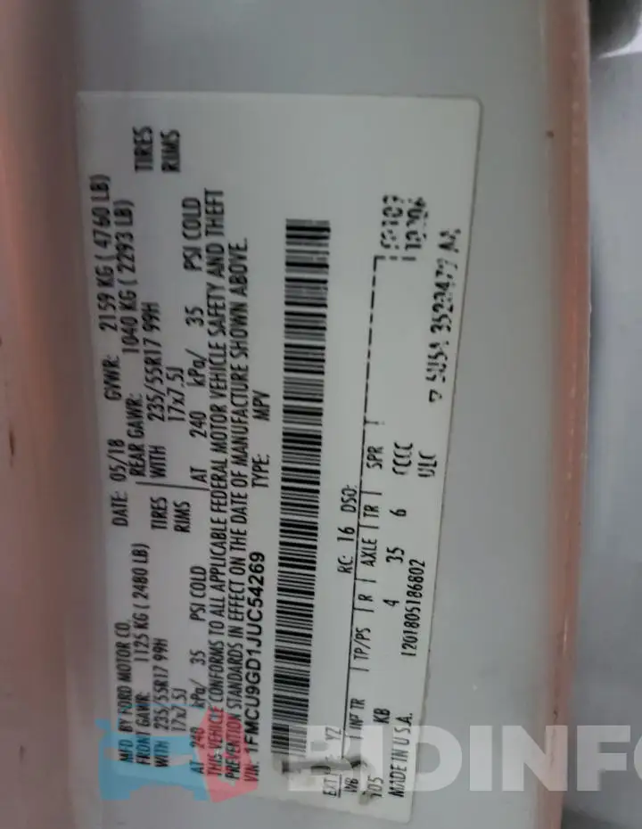 1FMCU9GD1JUC54269 Photo# 13