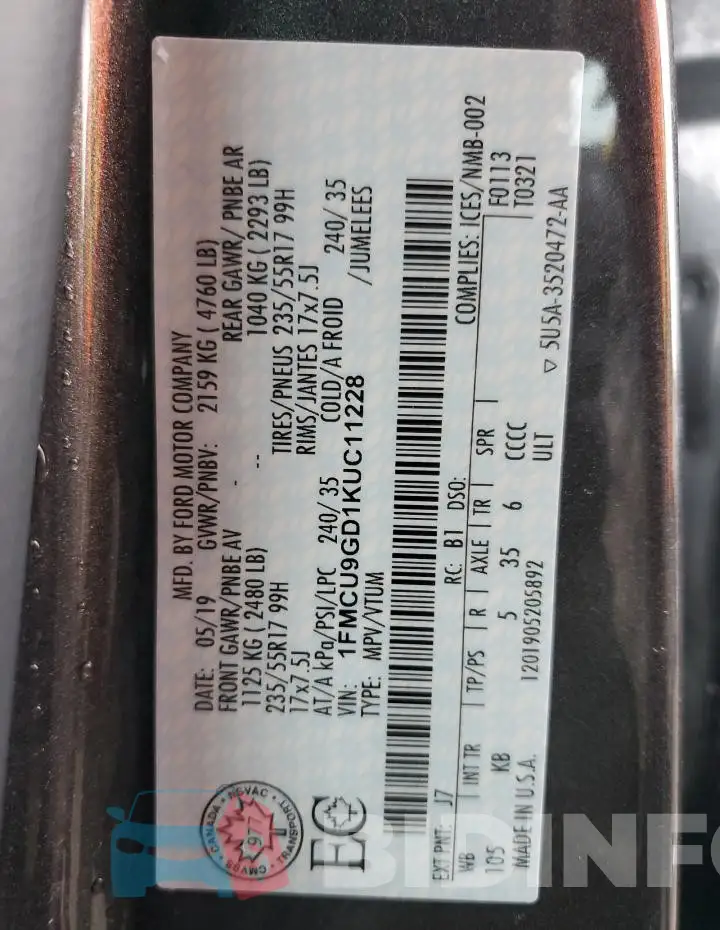 1FMCU9GD1KUC11228 Photo# 14