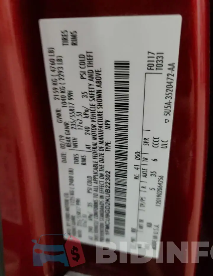 1FMCU9GD2KUB22302 Photo# 14