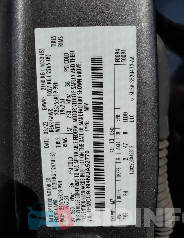 1FMCU9H94NUA52770 Photo# 14
