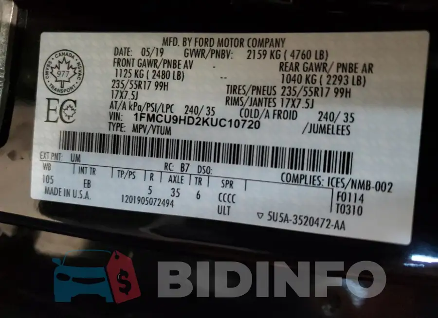 1FMCU9HD2KUC10720 Photo# 13
