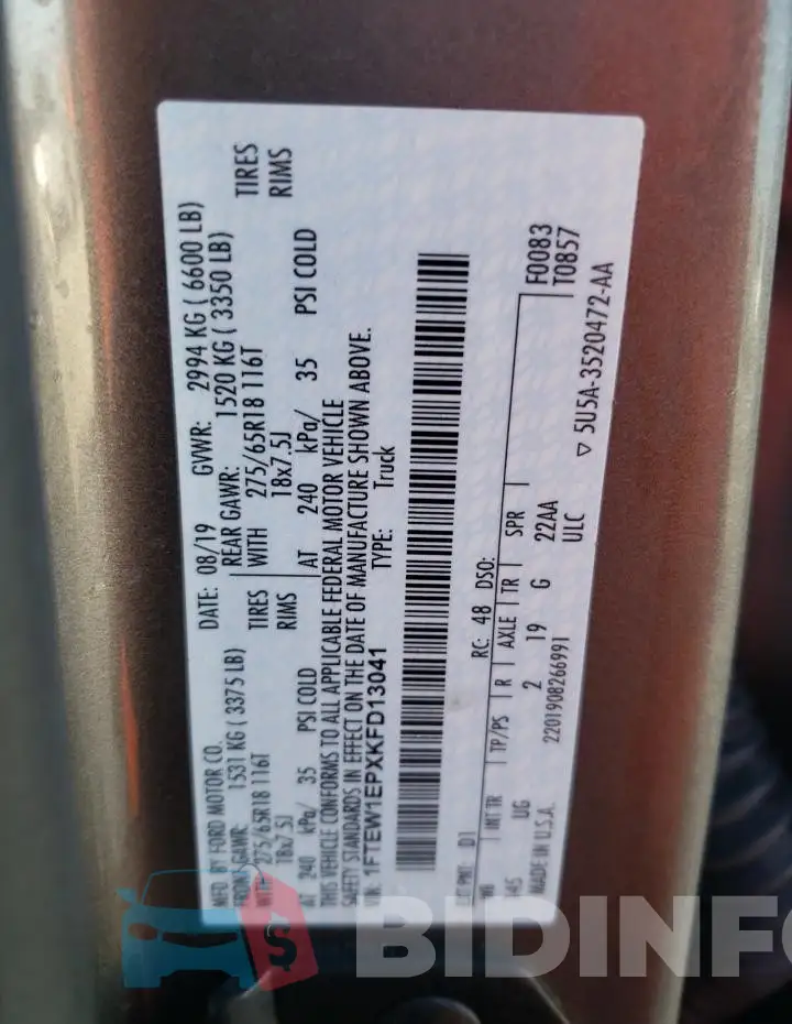 1FTEW1EPXKFD13041 Photo# 12