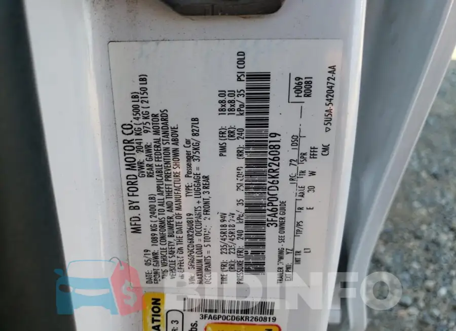3FA6P0CD6KR260819 Photo# 13