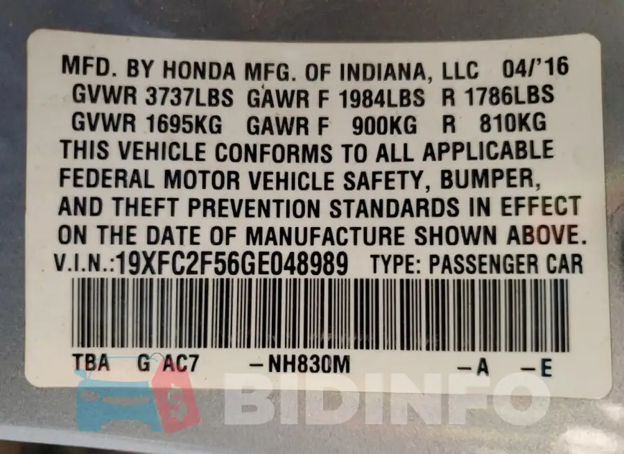 19XFC2F56GE048989 Photo# 12