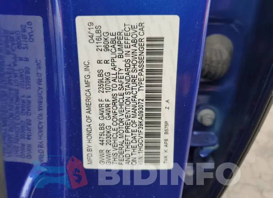 1HGCV1F39KA093072 Photo# 12
