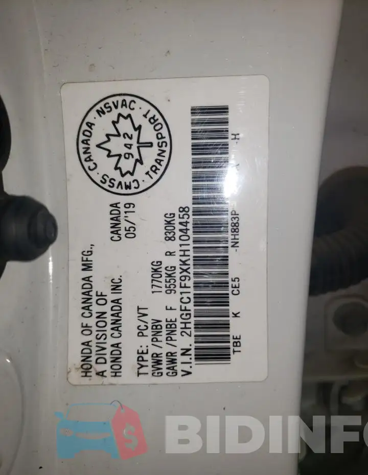 2HGFC1F9XKH104458 Photo# 13