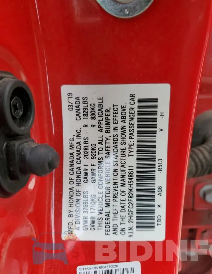 2HGFC2F82KH548611 Photo# 12
