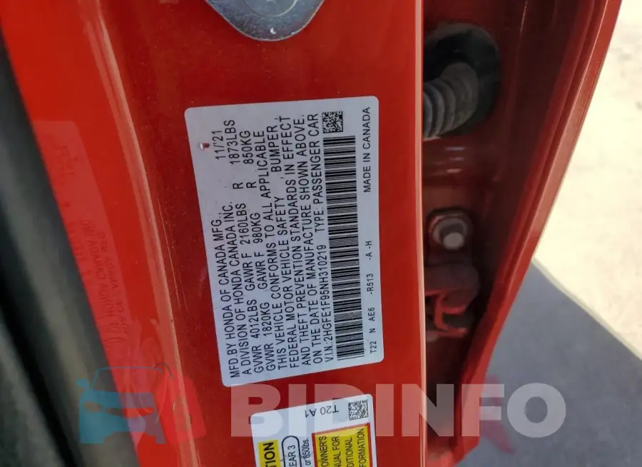 2HGFE1F95NH310219 Photo# 12
