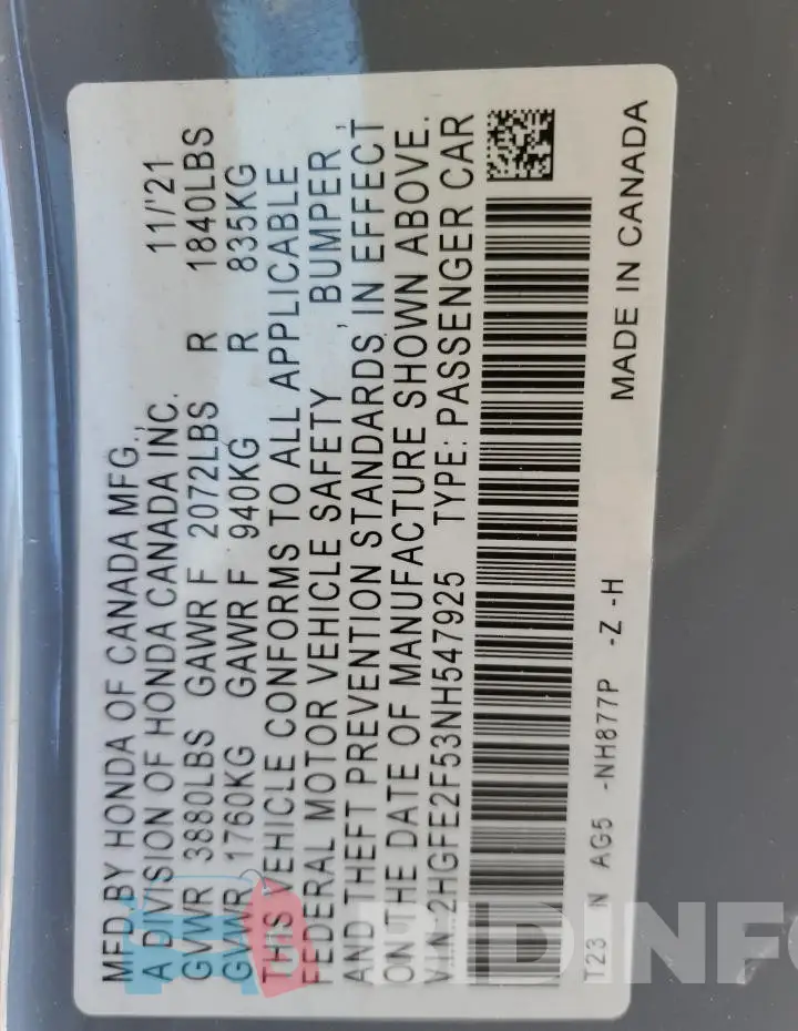 2HGFE2F53NH547925 Photo# 12