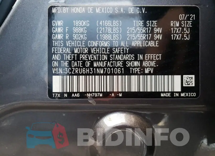 3CZRU6H31NM701061 Photo# 12
