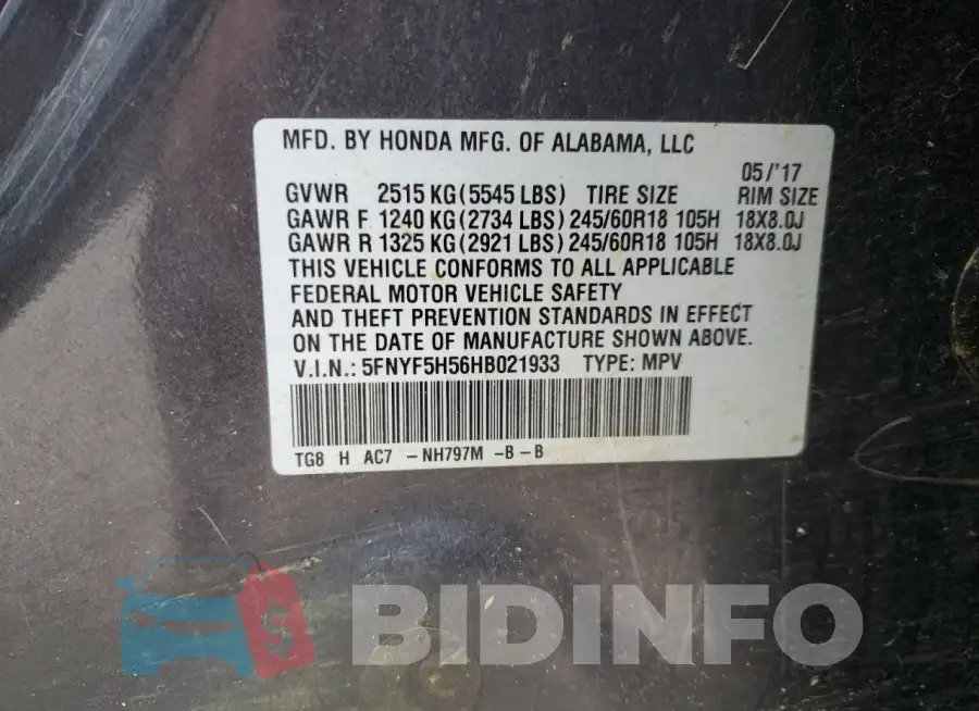 5FNYF5H56HB021933 Photo# 14