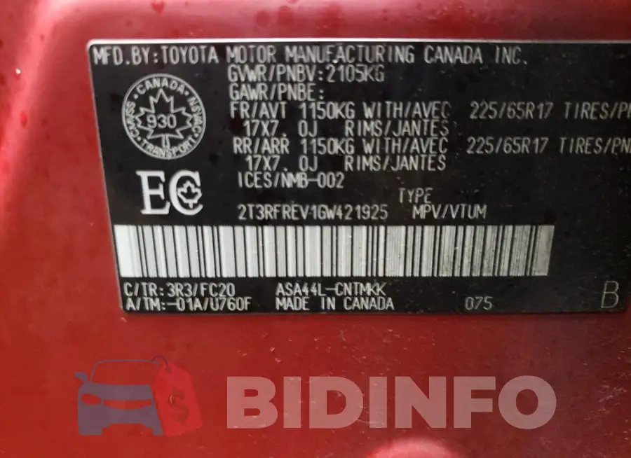 2T3RFREV1GW421925 Photo# 13