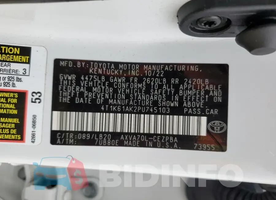 4T1K61AK2PU745103 Photo# 12