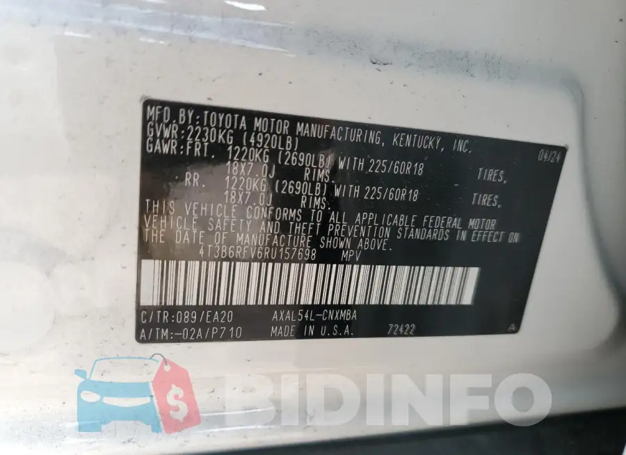 4T3B6RFV6RU157698 Photo# 14