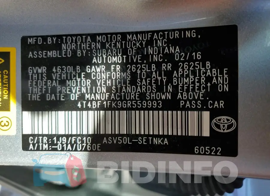 4T4BF1FK9GR559993 Photo# 12